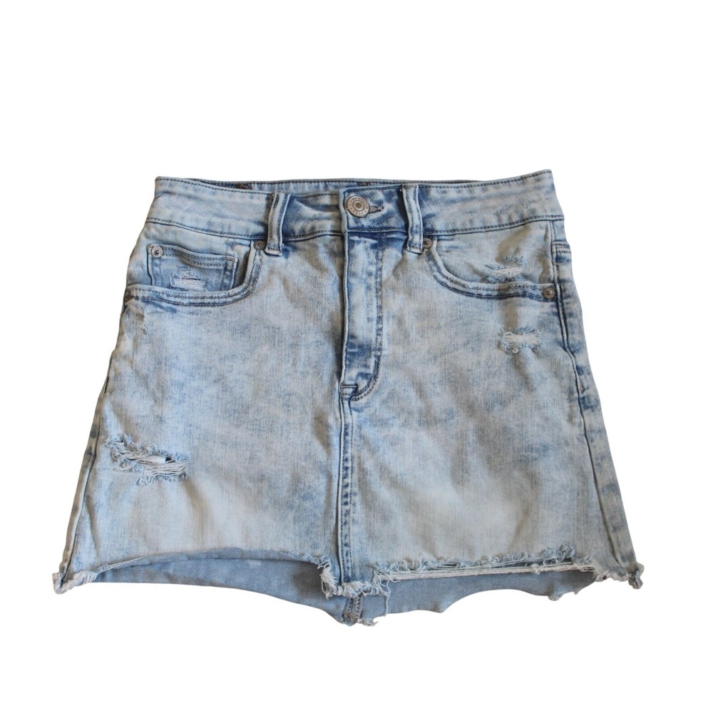 American Eagle Stretch Denim Mini Skirt Womens 4 Light Blue Distressed Frayed